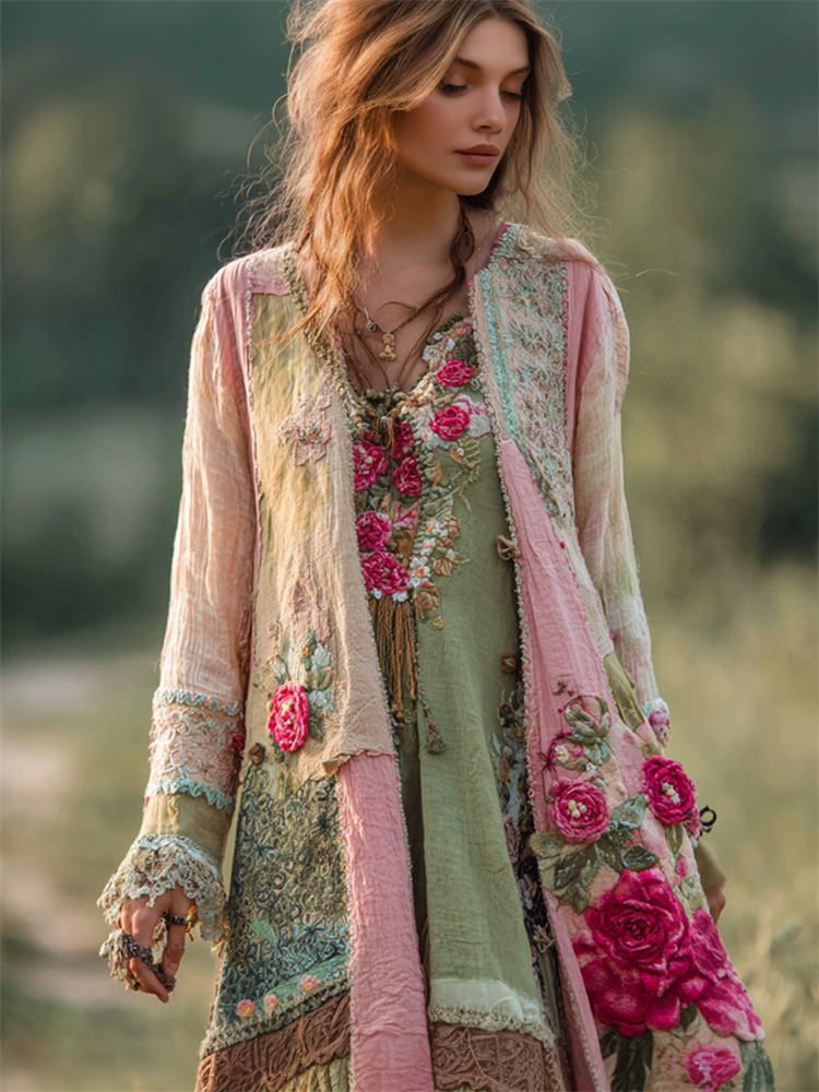 Vintage Boho Pink Roses Embroidered Floral Patchwork Linen Long Cardigan