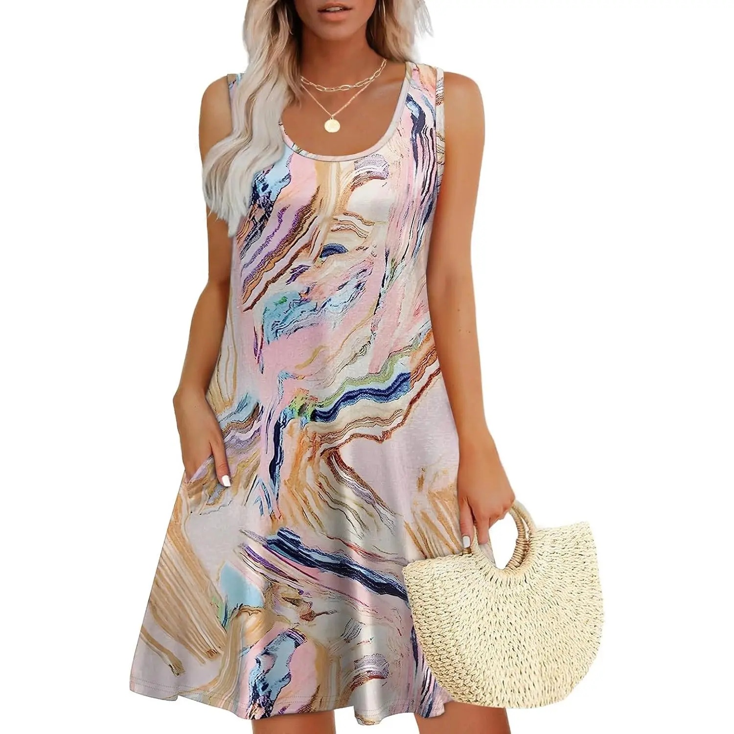 Womens Summer Dresses Loose U Neck Sleeveless Sundresses Dress with Pockets