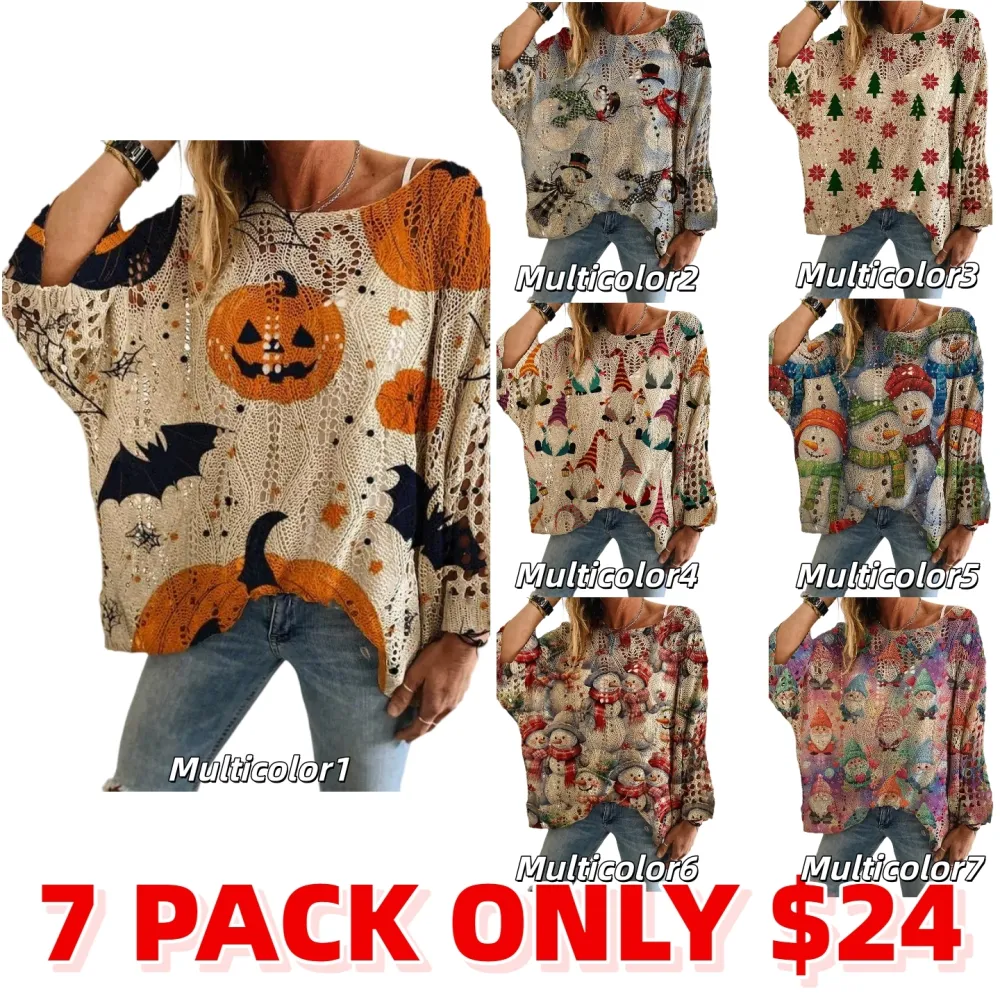 Women's Halloween Pumpkin Print Long Sleeve Knit Top