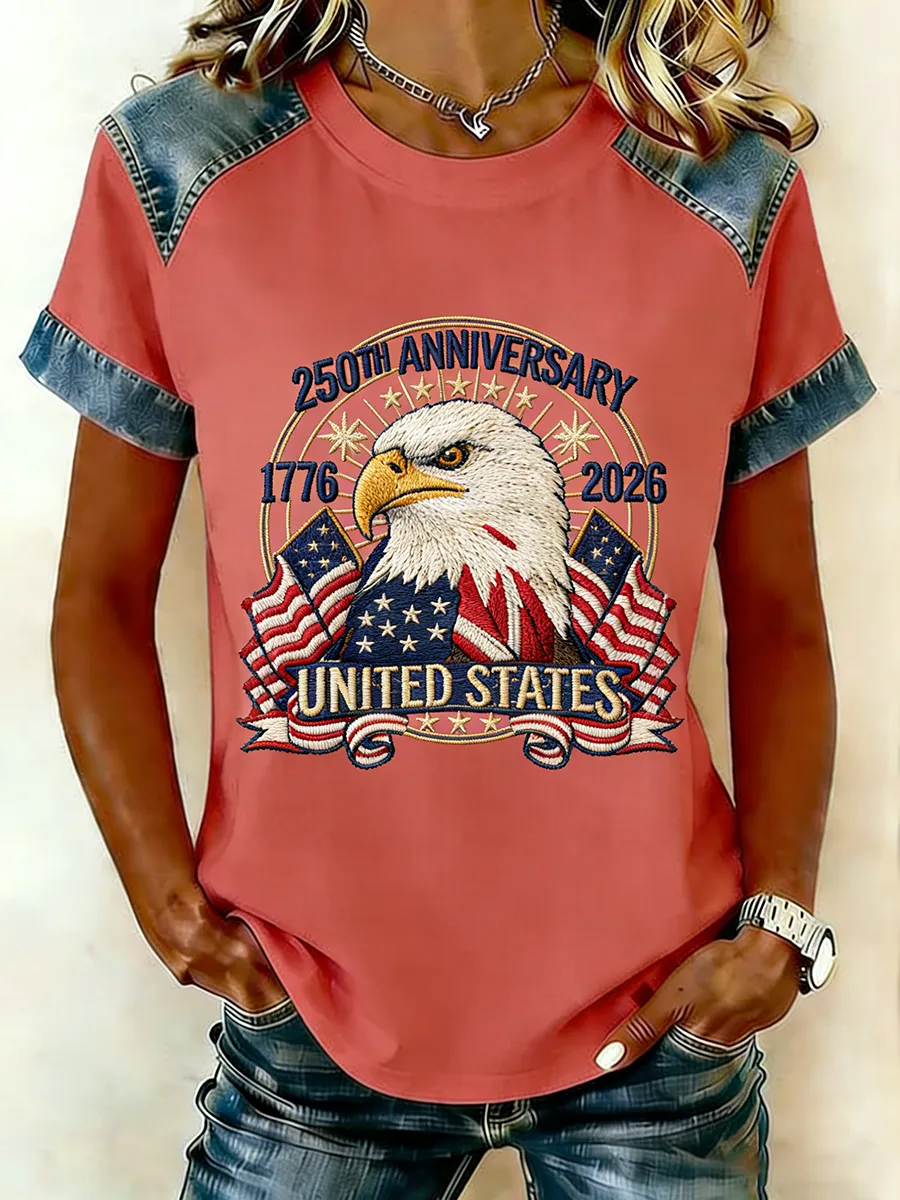 250th Anniversary United States Eagle Flag Embroidered Denim Raglan T-Shirt