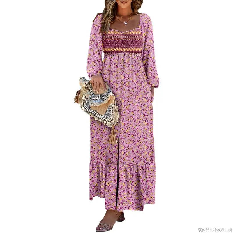 Women’s Long Sleeve Boho Dress – Square Neck & Button Detail