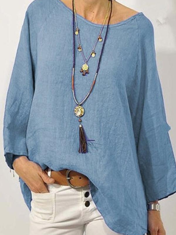 Women's Solid Color Cotton Linen Round Neck with Rotator Sleeve Nine-quarter Sleeve Shirt