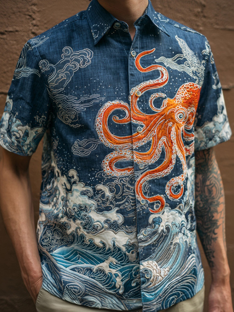 Men's Japanese Art Ocean Octopus Print Short-sleeve Shirt