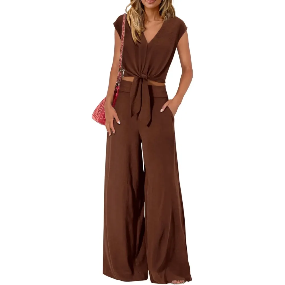 Women's V-Neck Tie Waist Crop Top & Wide Leg Pants 2-Piece Set