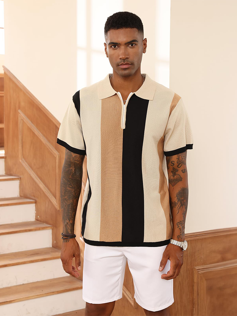 Men's Fashion Polo Shirts Vintage Striped Knitting Shirts Casual Slim Fit Golf Shirts