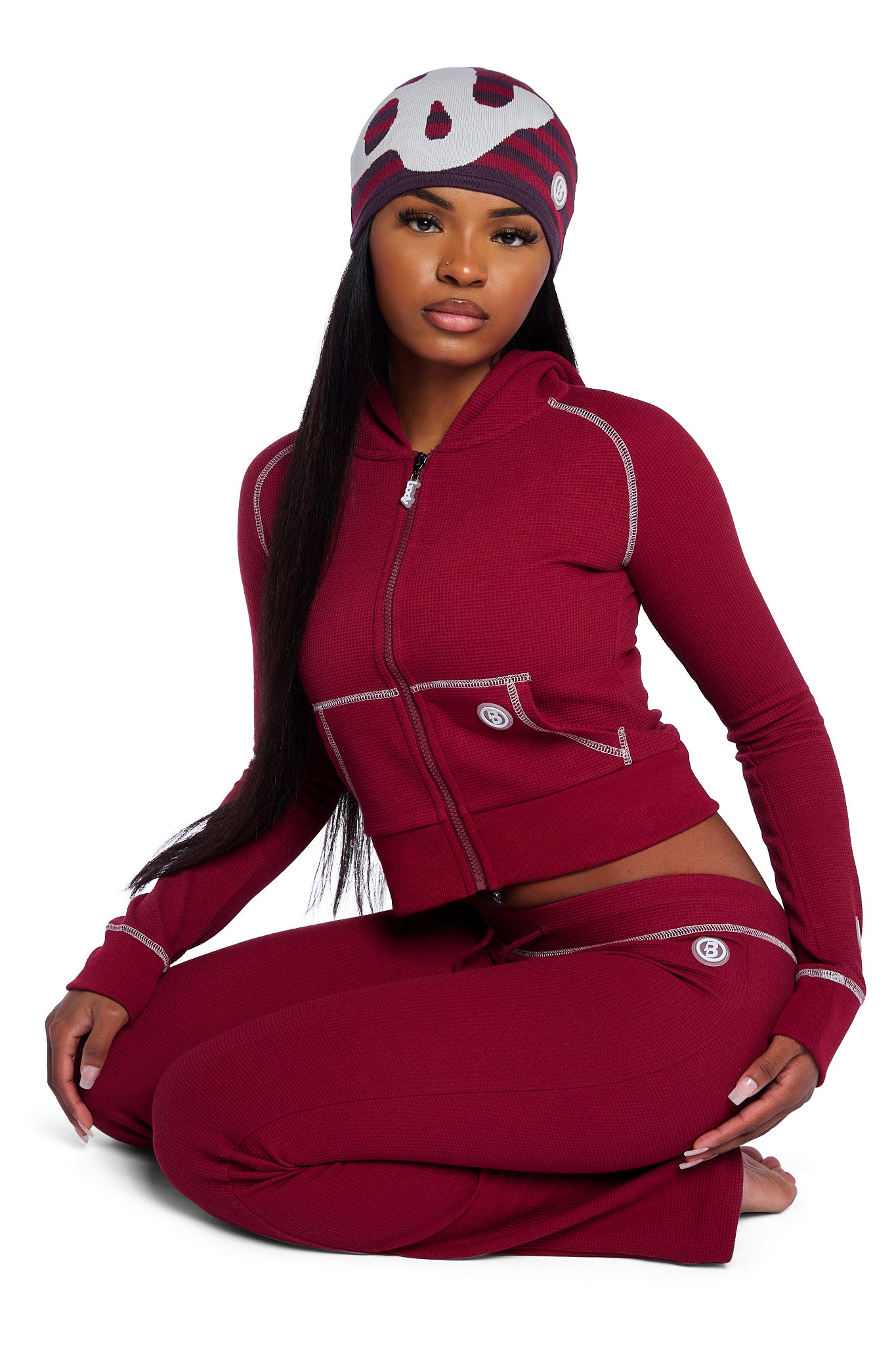 WAFFLE KNIT BOOT CUT PANTS (MAROON/SLATE)