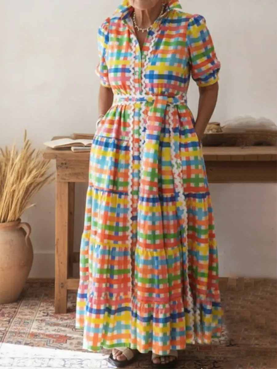 Colorful Square Art Print Collared Shirt Dress