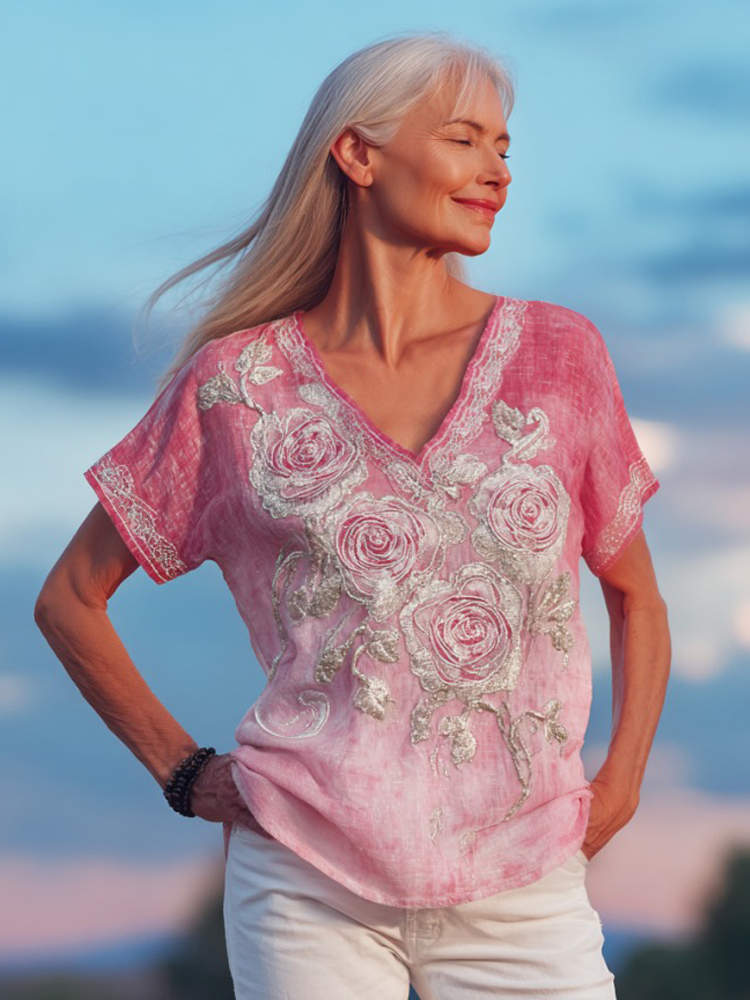 Glitter Pink Rose Embroidered Gradient Linen Shirt