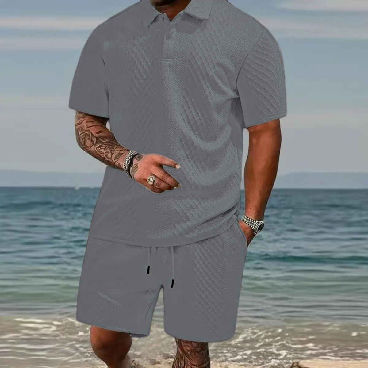 Men's summer casual texture fabric solid color polo shirt T-shirt shorts 2-piece set