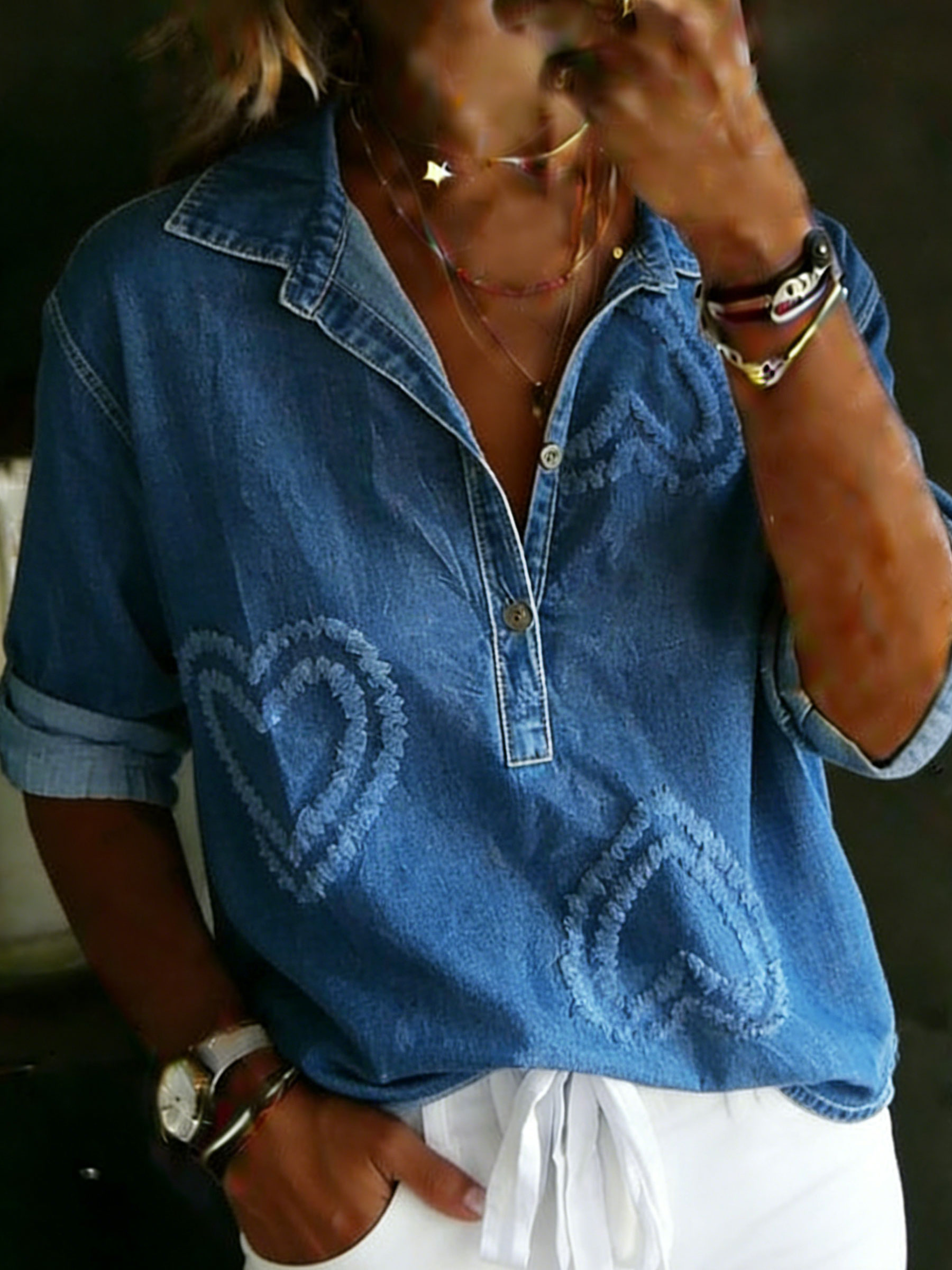 Women's Heart Casual Loose Denim Blouse Shirt