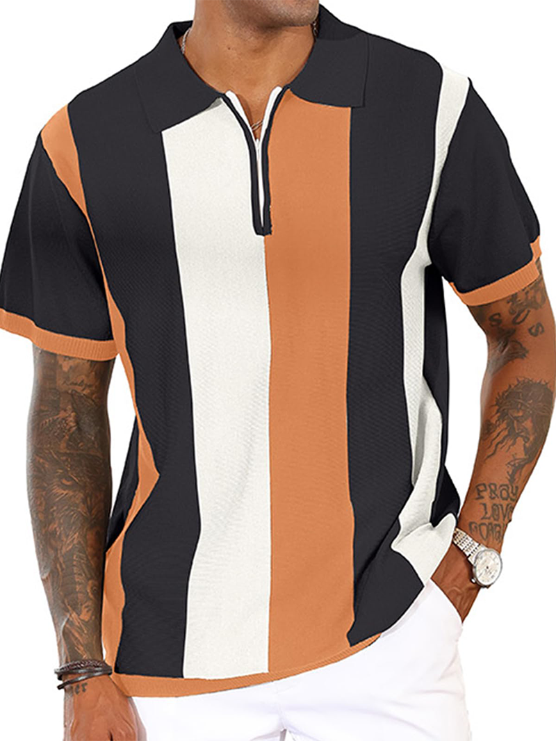 Men's Fashion Polo Shirts Vintage Striped Knitting Shirts Casual Slim Fit Golf Shirts