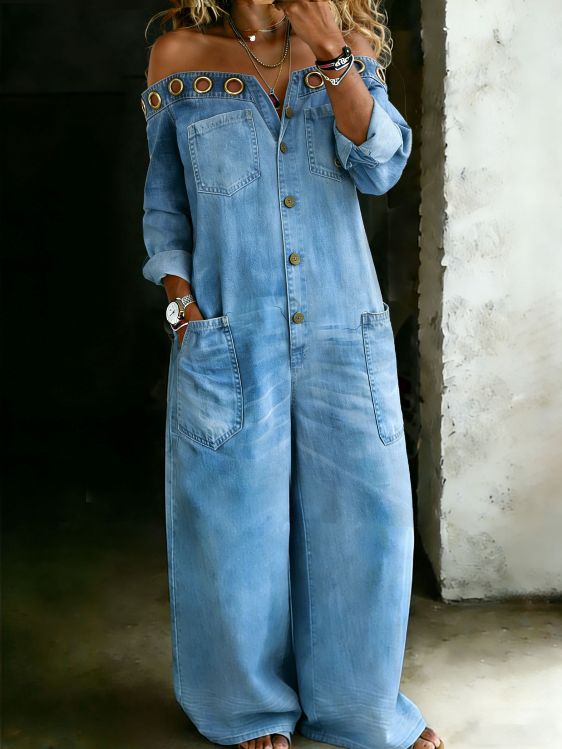 Women’s Stylish Off Shoulder Cotton One Piece Shirt Denim Jumpsuit