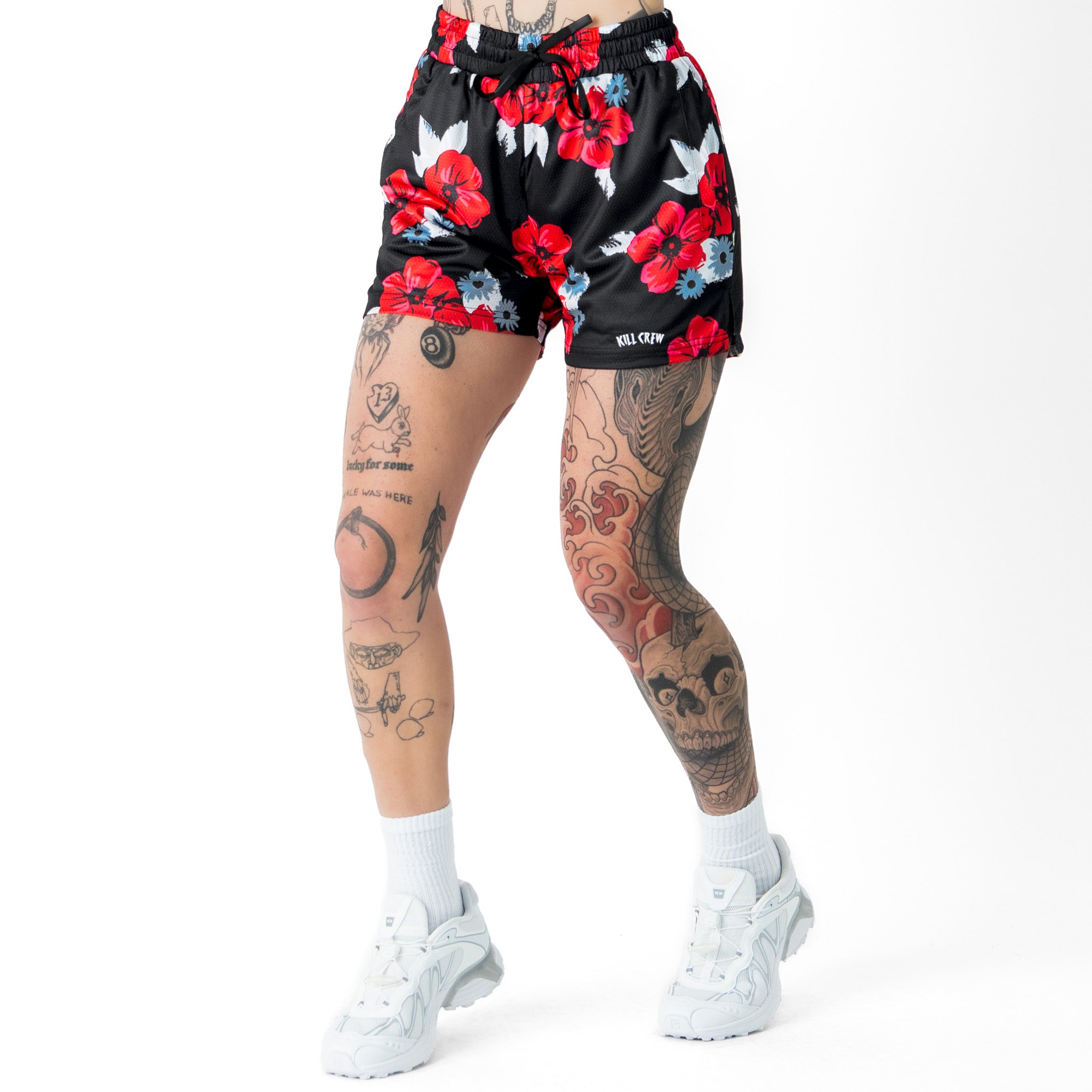 MUAY THAI SHORTS (MID THIGH CUT) FLORAL - BLACK