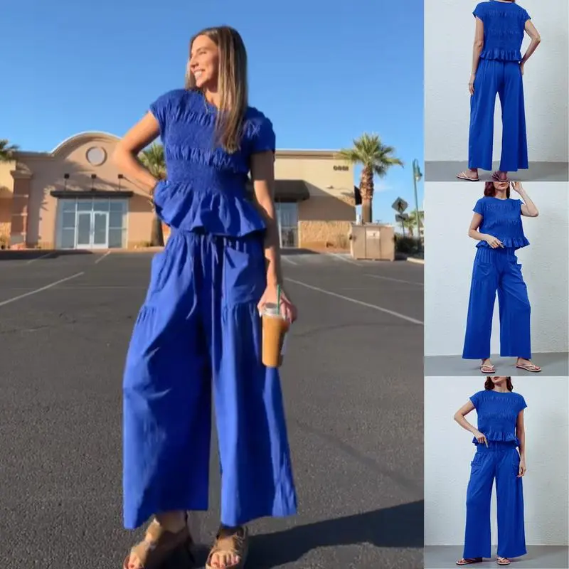 ✨Women’s 2-Piece Smocked Top & Wide-Leg Pants Casual Boho Matching Set🔥