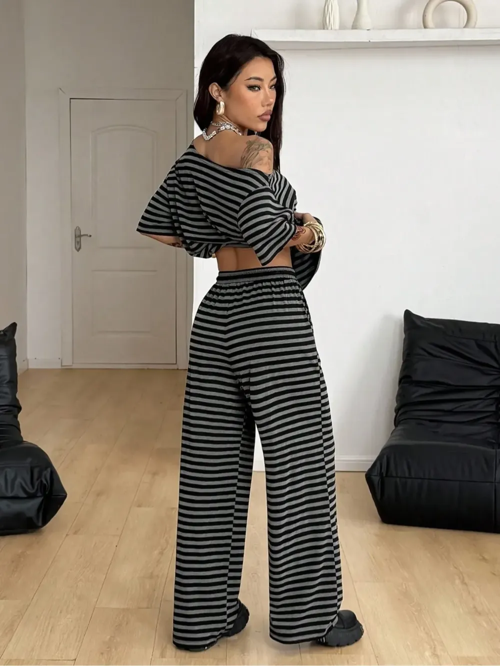 Women's Casual Streetwear Two-Piece Set, Comfortable Shoulder-Exposed Top & Wide-Leg Pants