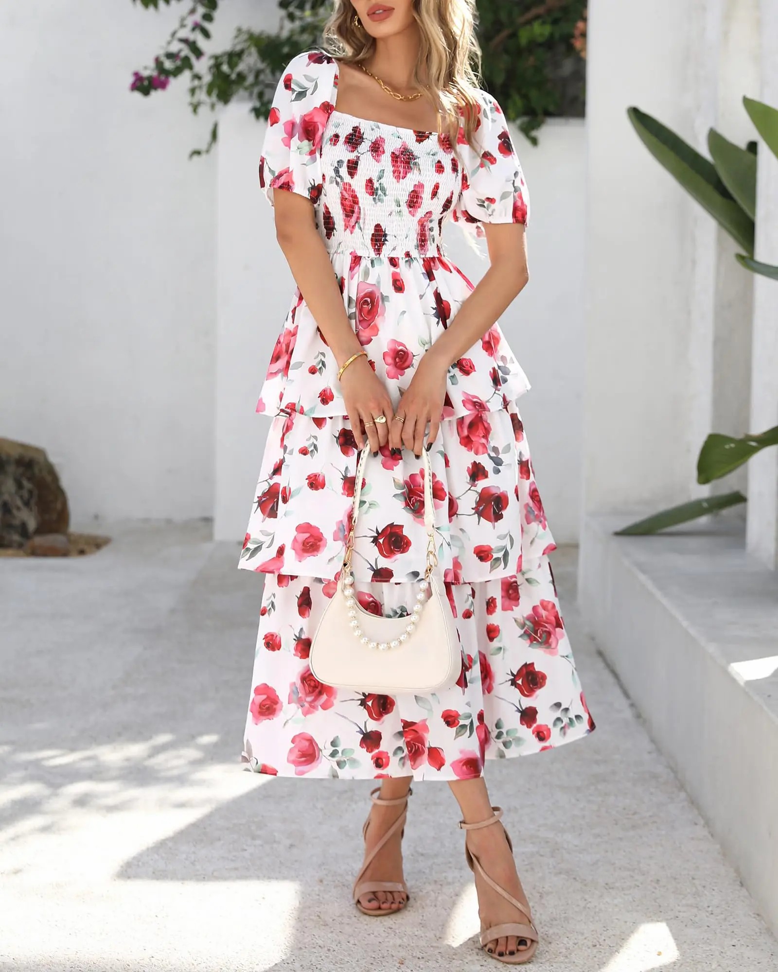 Women's Square Neck Smocked Dress with Puff Short Sleeve Floral Casual Ruffle Tiered Wedding Guest Dress