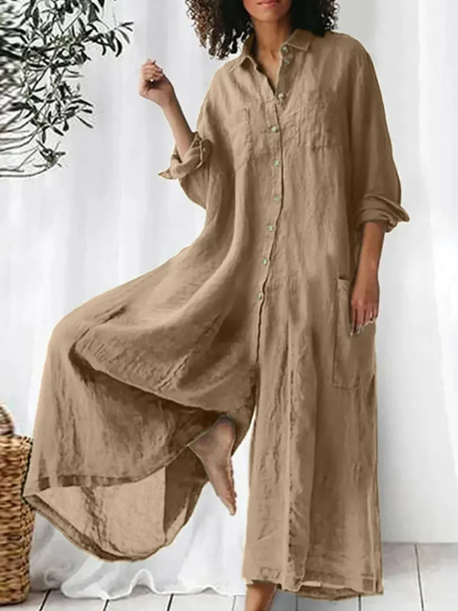 Women's Solid Color Art Casual Long Sleeve Cotton Linen Jumpsuit