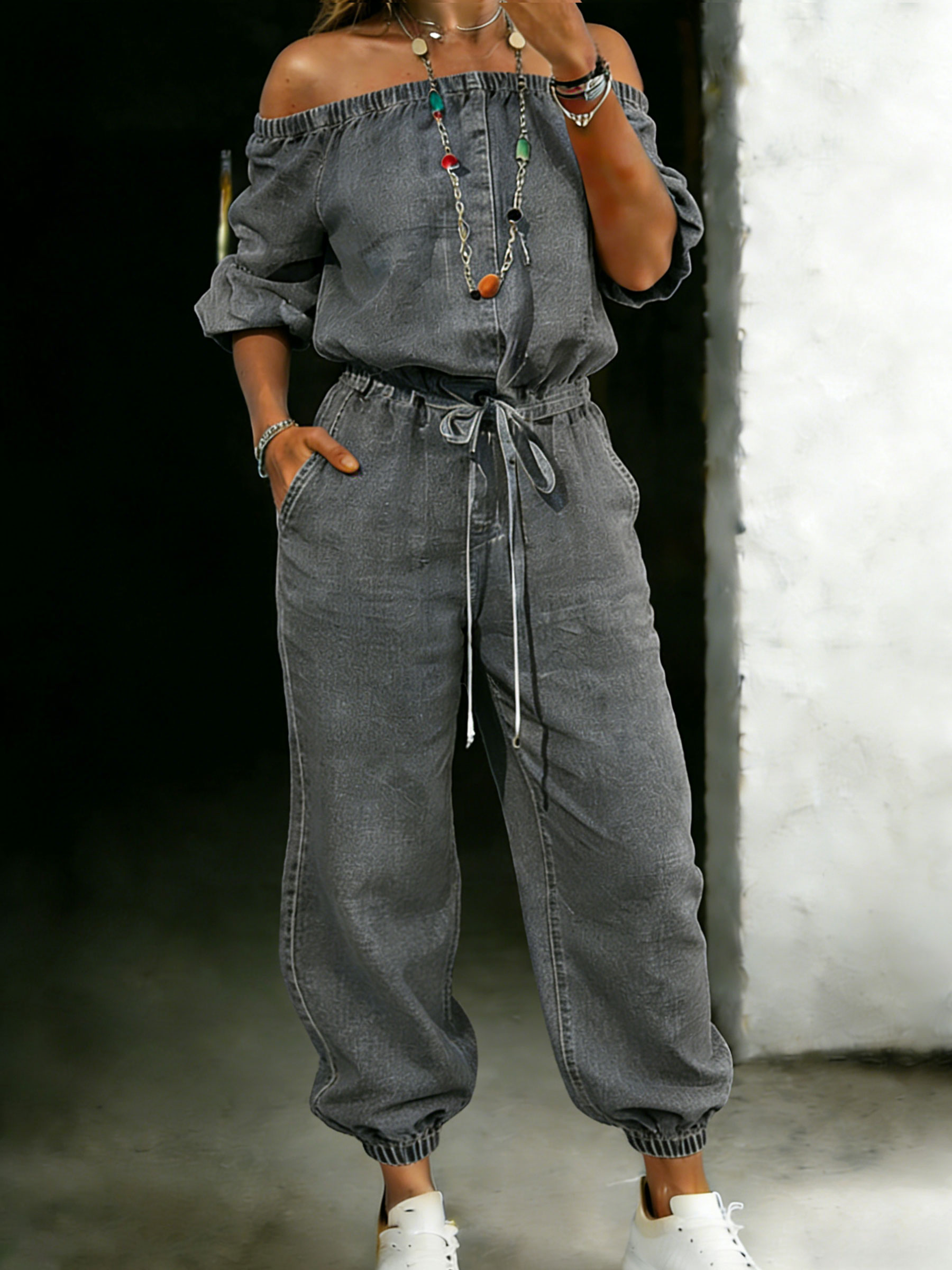 Women’s Casaul Off Shoulder Cotton One Piece Denim Jumpsuit