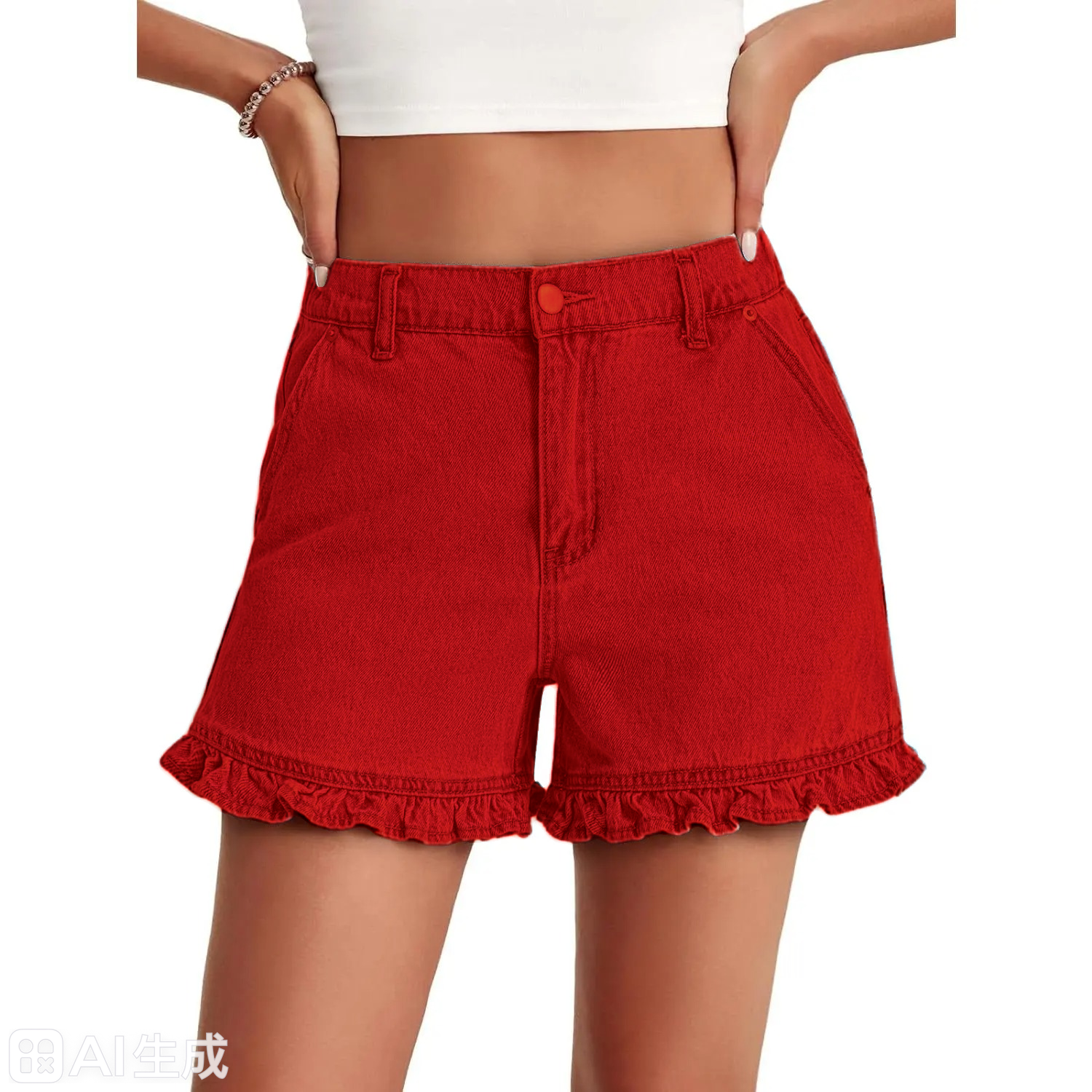 Cute High Waisted Denim Shorts with Ruffle Hem for Women -
