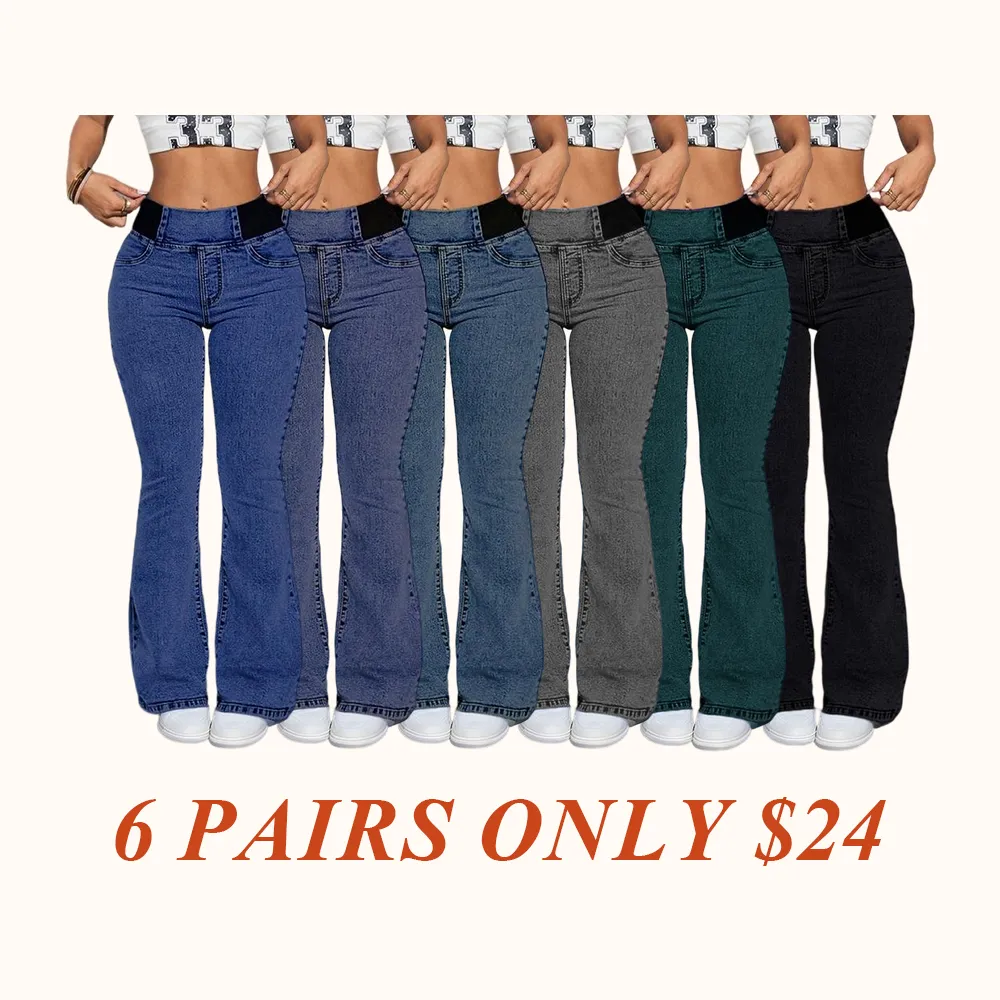 Women's Back Shirred Jeans, Mid - Rise Elasticity Waist Flared Jeans