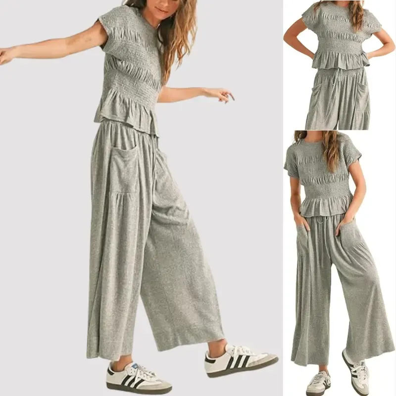 ✨Women’s 2-Piece Smocked Top & Wide-Leg Pants Casual Boho Matching Set🔥