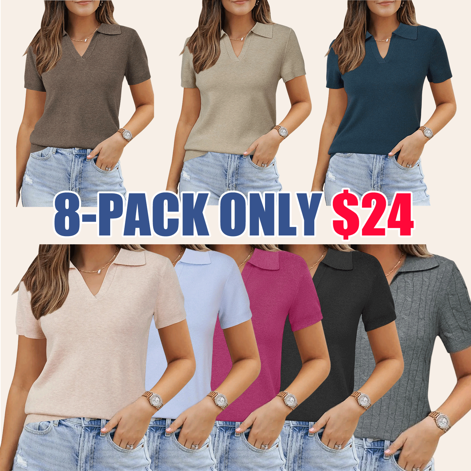 🔥Easter Sale Ends Soon!Womens Wool Blend Polo Shirts Summer Sweater Tops Short Sleeve