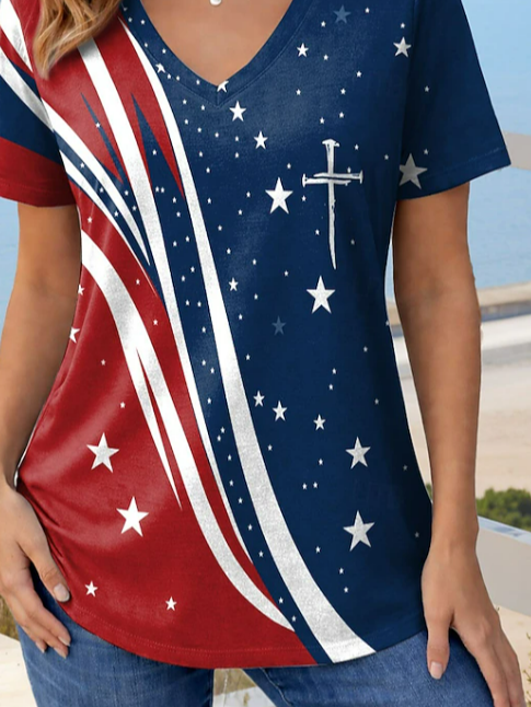 Women's Short Sleeve T-shirt Summer Blue America Flag Printing V Neck Holiday Going Out Vintage Top