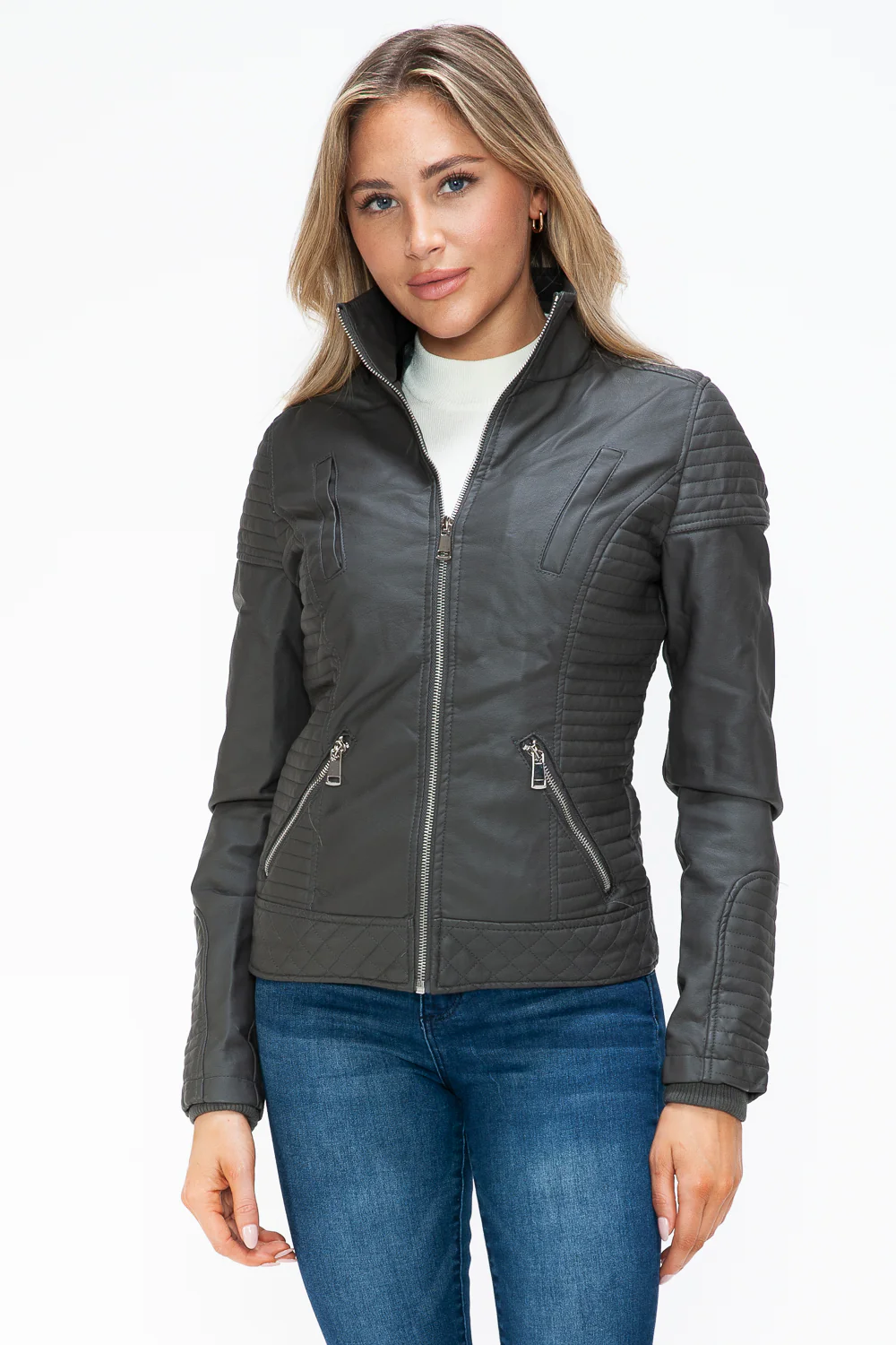 Faux Layered Double-Zipper Jacket with Fuzzy Hood