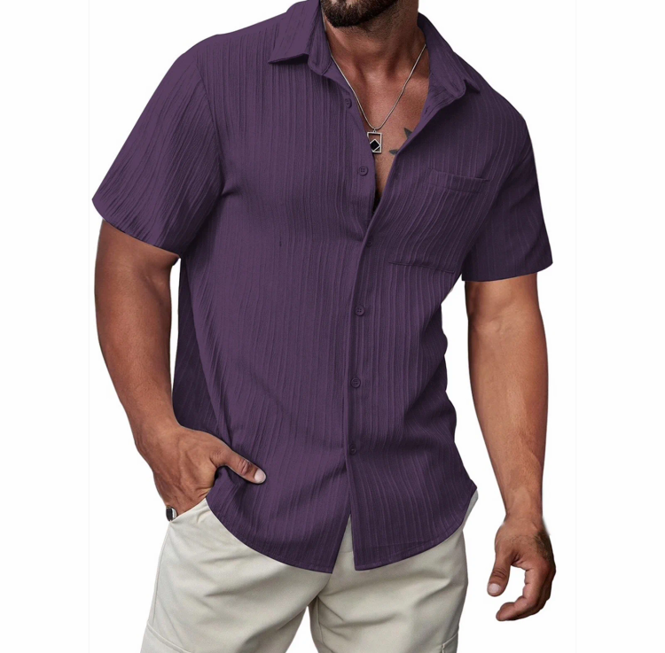 Men's Casual Short-Sleeve Hawaiian Shirt - Textured Button-Down Beach Shirt with Pocket for Summer