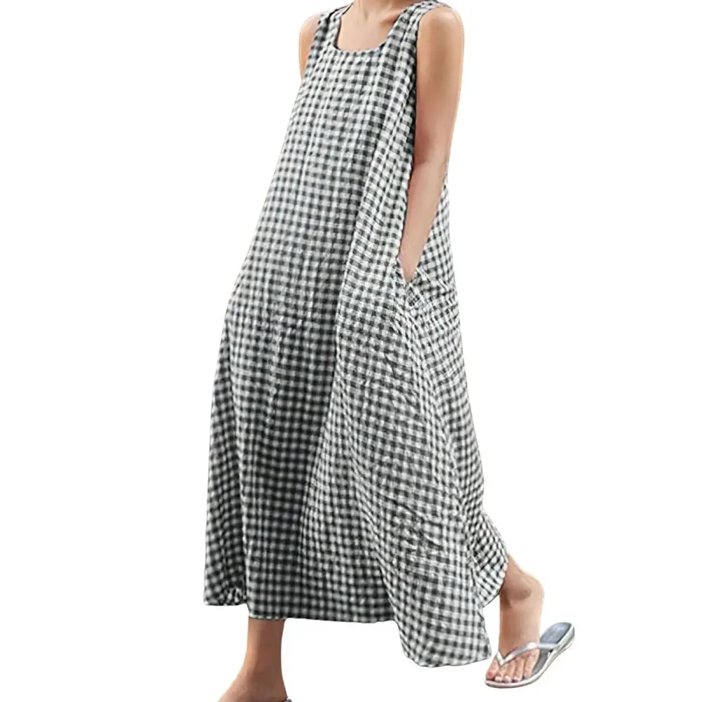 Women's Plaid Cotton Sleeveless Maxi Dress