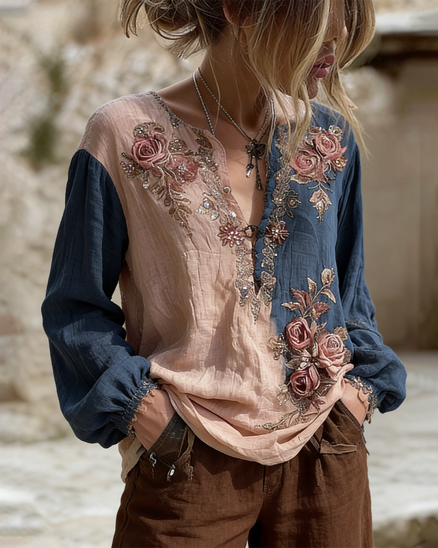 Women's Spring Elegant Floral Embroidery Color-Blocked Linen Long-Sleeved Top 7180