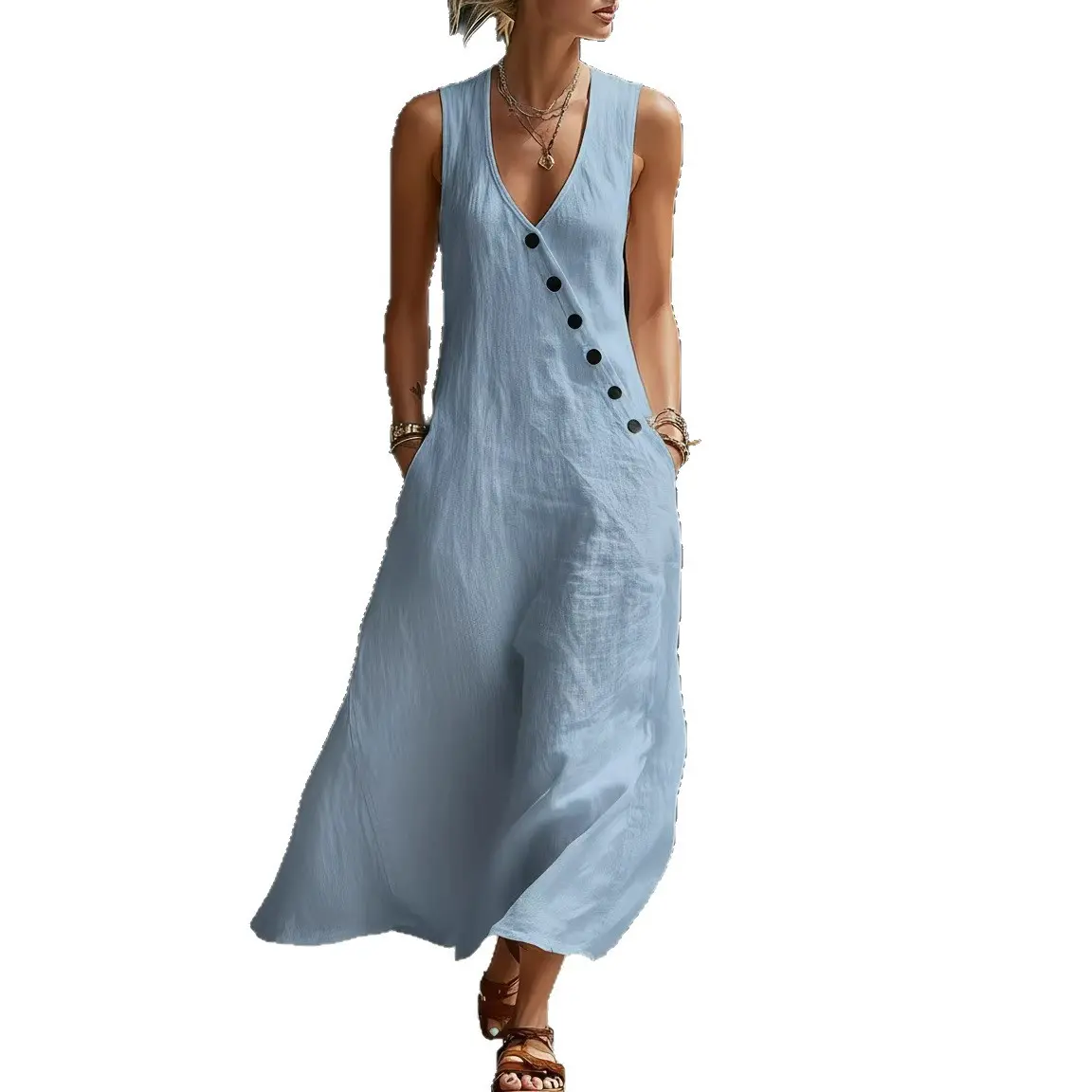 Boho Linen Maxi Dress - Perfect for Beach, Vacation & Brunch! Sleeveless V-Neck Button Detail Casual Dress with Pockets # SleevelessDress