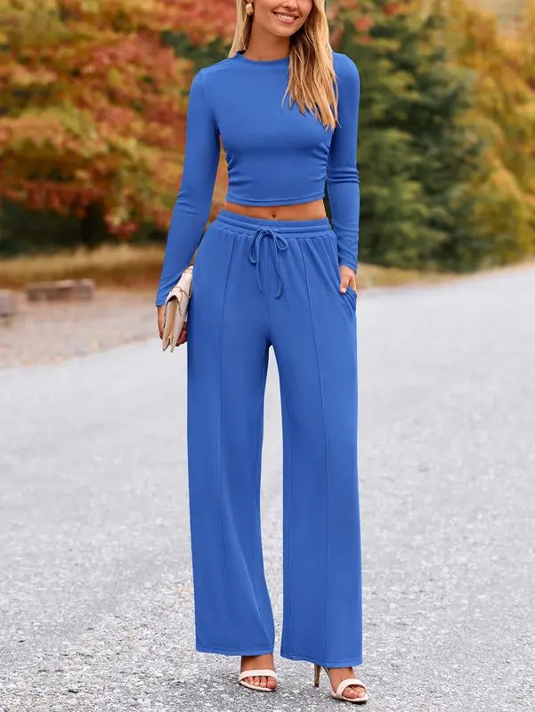 ✨2-Piece Ribbed Knit Long Sleeve Crop Top Wide Leg Pants Lounge Set🔥