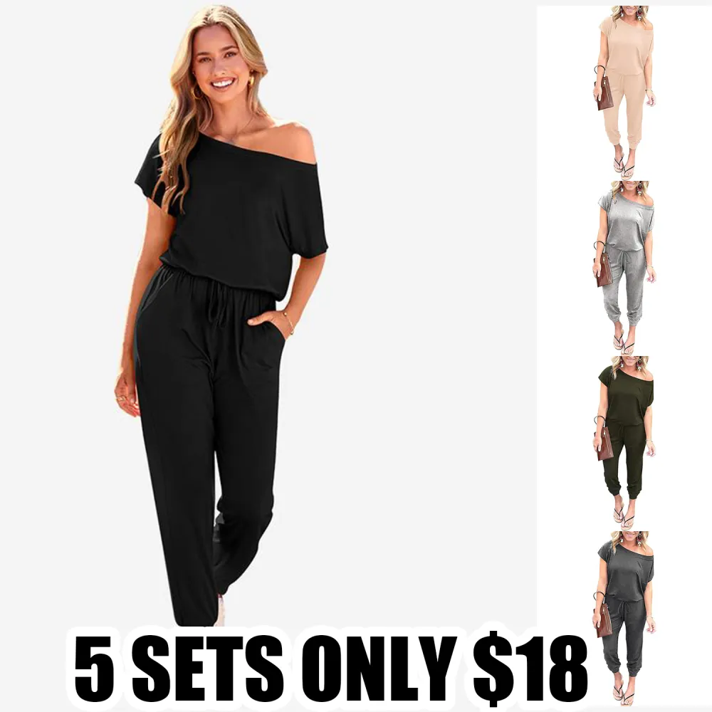 Limited-Time Clearance! 🛍️Women's Plus Size Off-Shoulder Jumpsuit – Summer Casual Romper with Elastic Waist, Fake Drawstring & Pockets