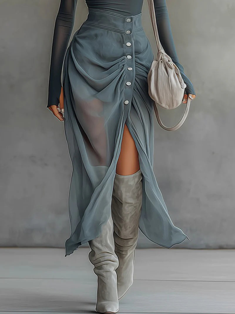 Blue chiffon stretch off-shoulder slit maxi dress