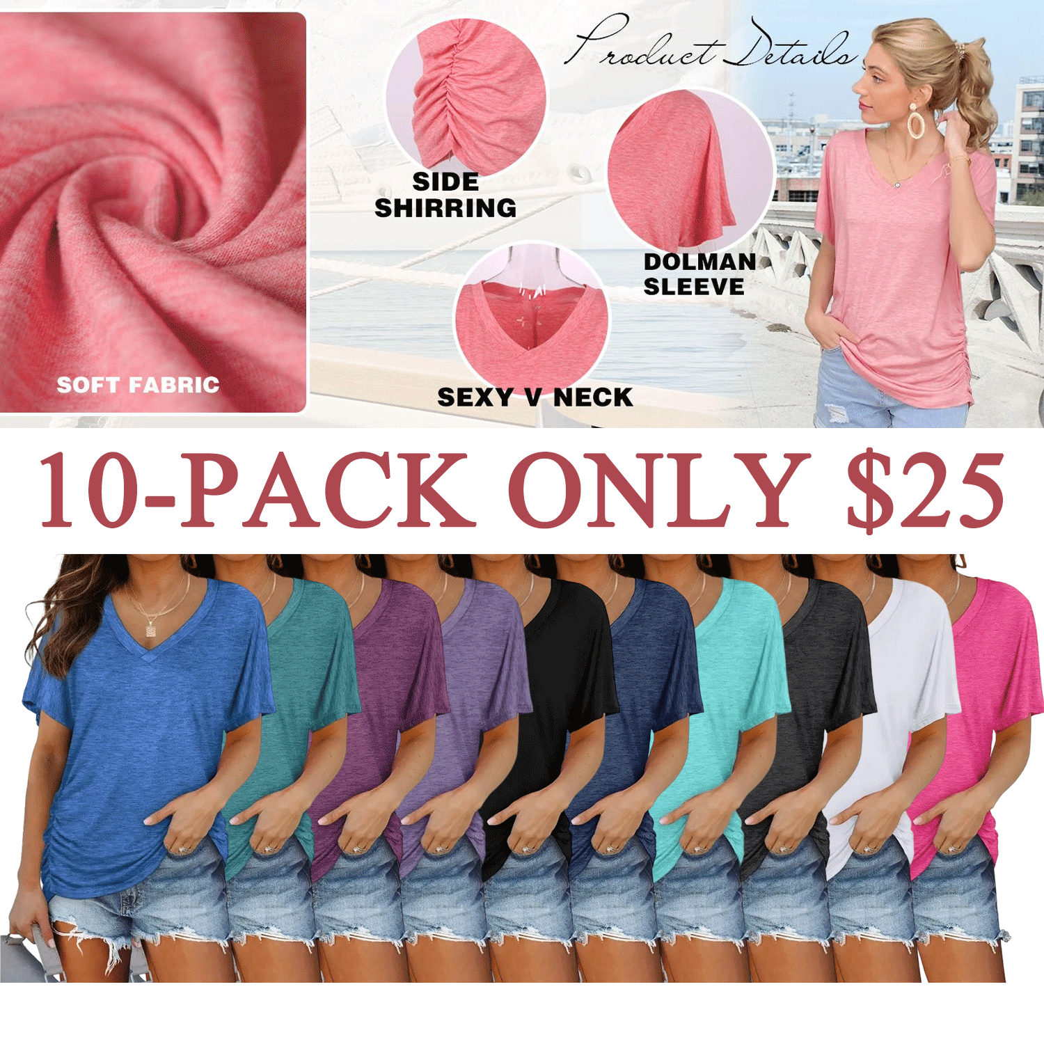 Women’s V-Neck Dolman Sleeve Top with Side Shirring – Loose Fit Casual Shirt