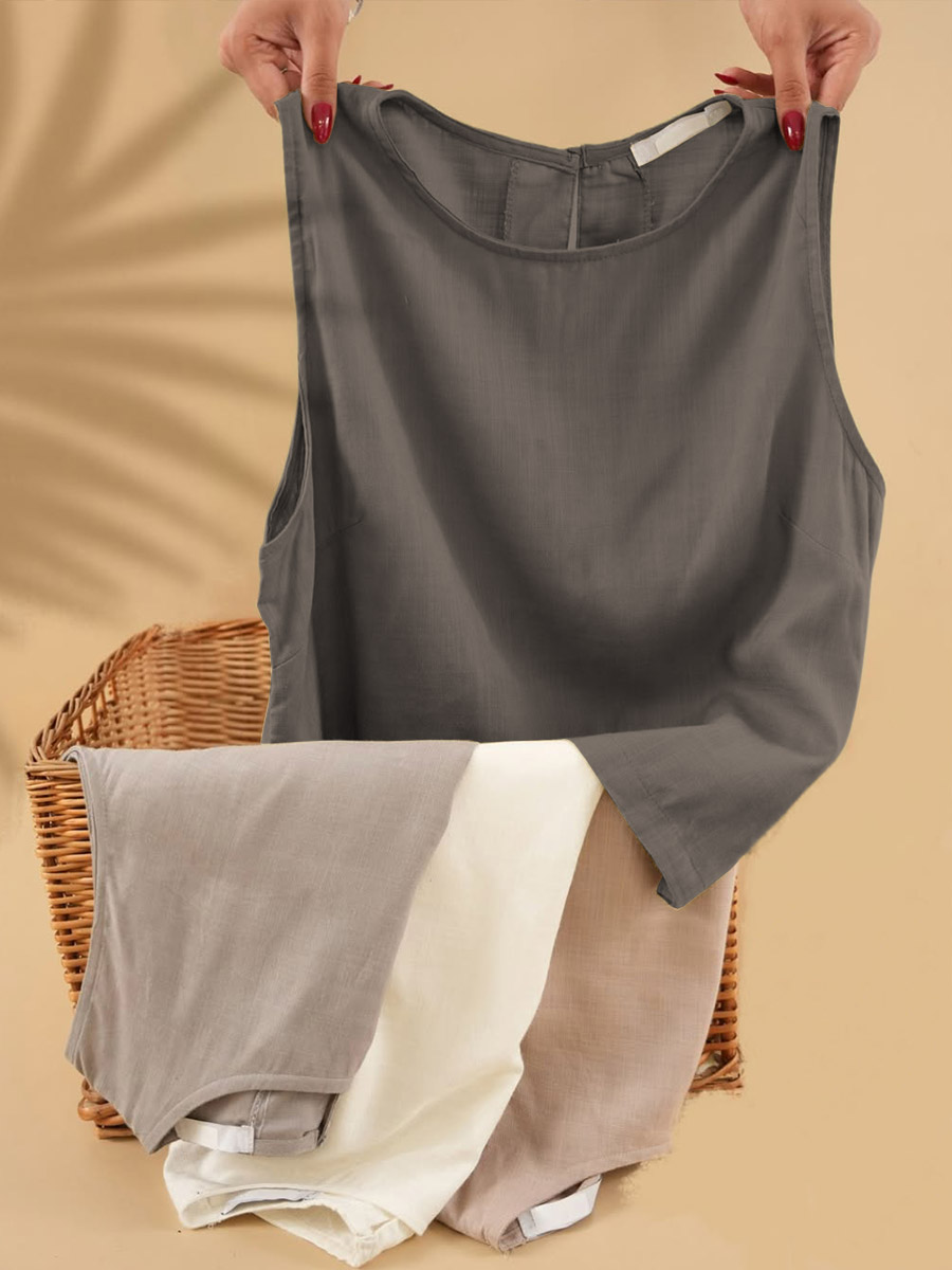 Women's Solid Color Round Neck Sleeveless Casual Linen Vest Top