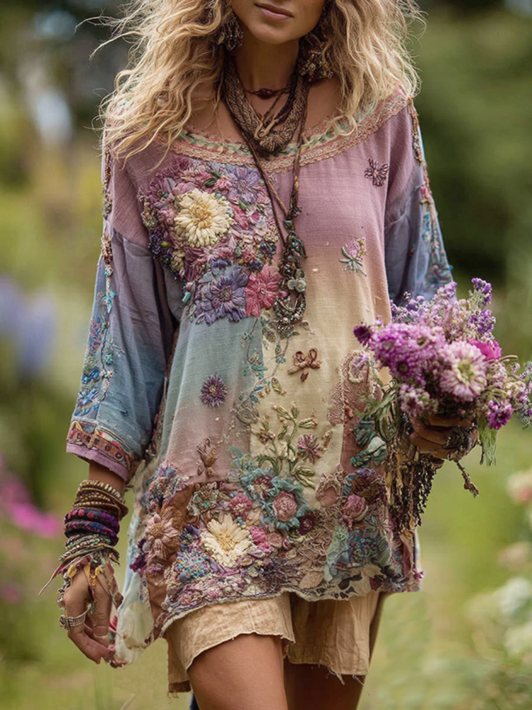 Classy Vintage Floral Splicing Cotton And Linen Long Sleeve Shirt