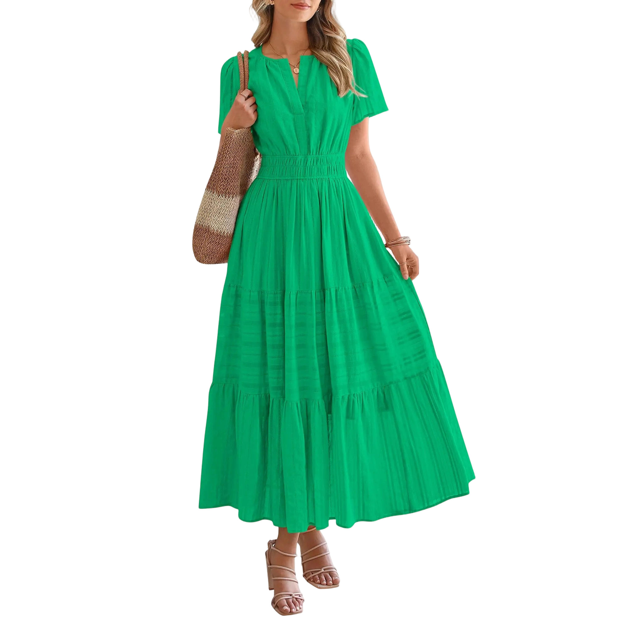 Women's Summer 2026 Casual Maxi Dress Lightweight Short Sleeve V Neck Boho Dress with Pockets