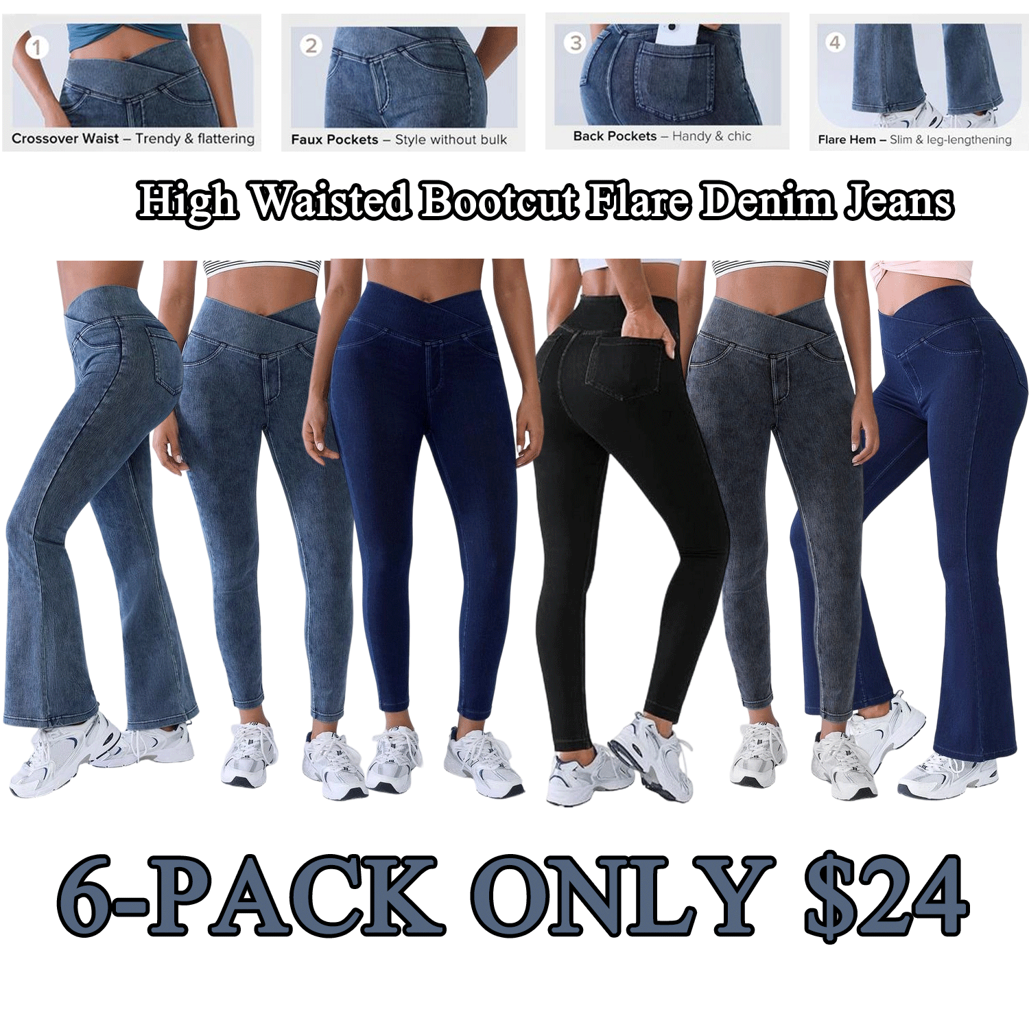 🔥Women’s High-Waisted Bootcut Flare Jeans – Crossover Waist, Stretch Denim & Back Pockets