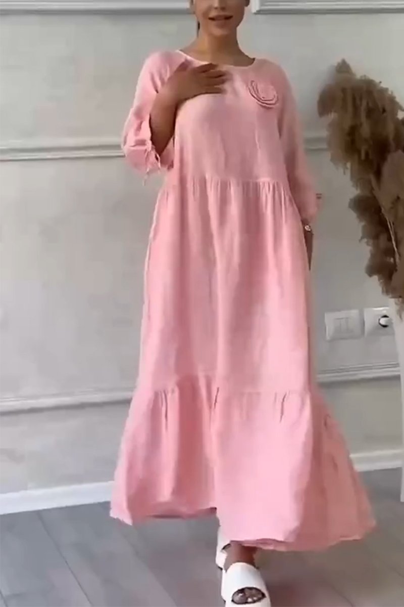 Women's Casual Cotton and Linen Gathered Floral Dress