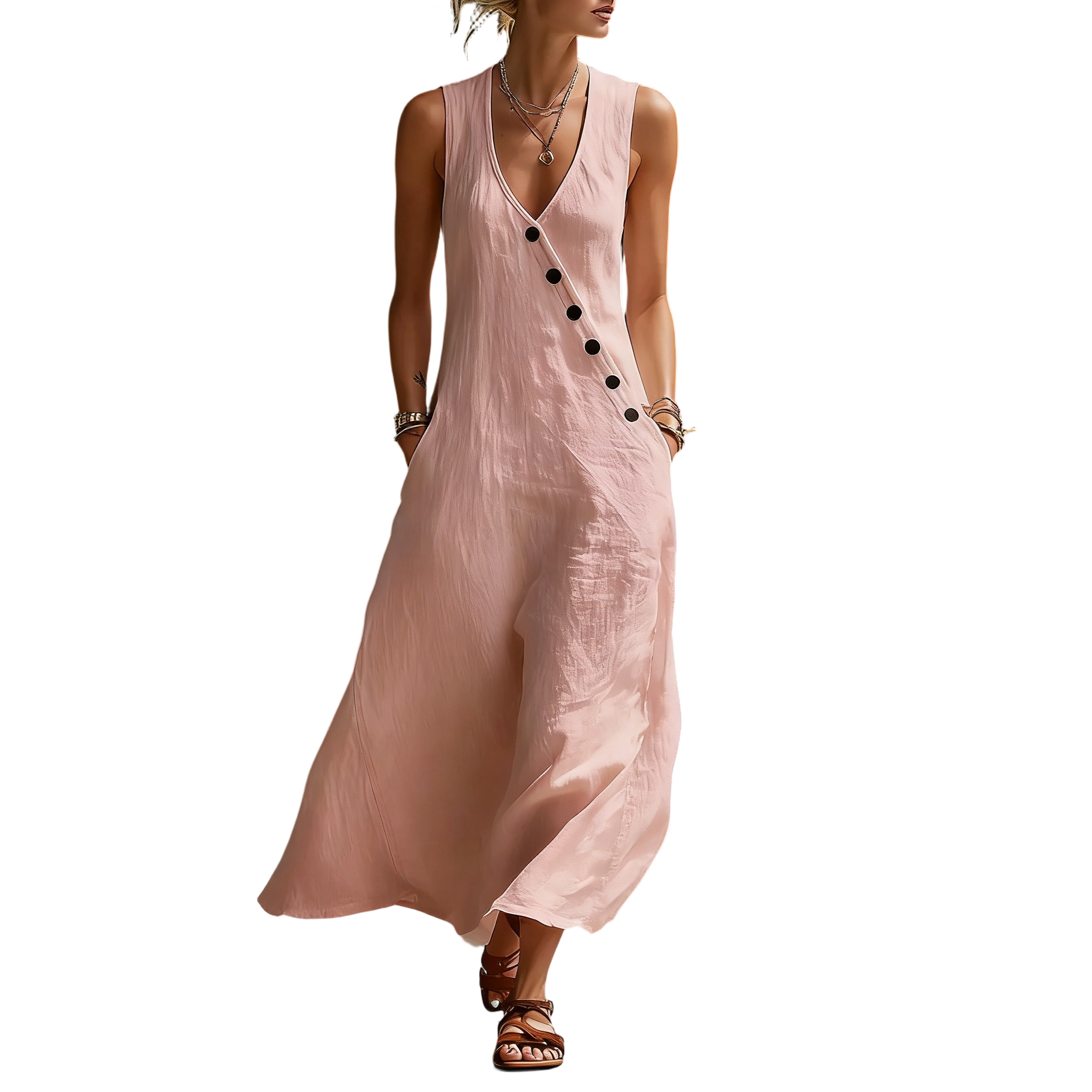 Boho Linen Maxi Dress - Perfect for Beach, Vacation & Brunch! Sleeveless V-Neck Button Detail Casual Dress with Pockets # SleevelessDress