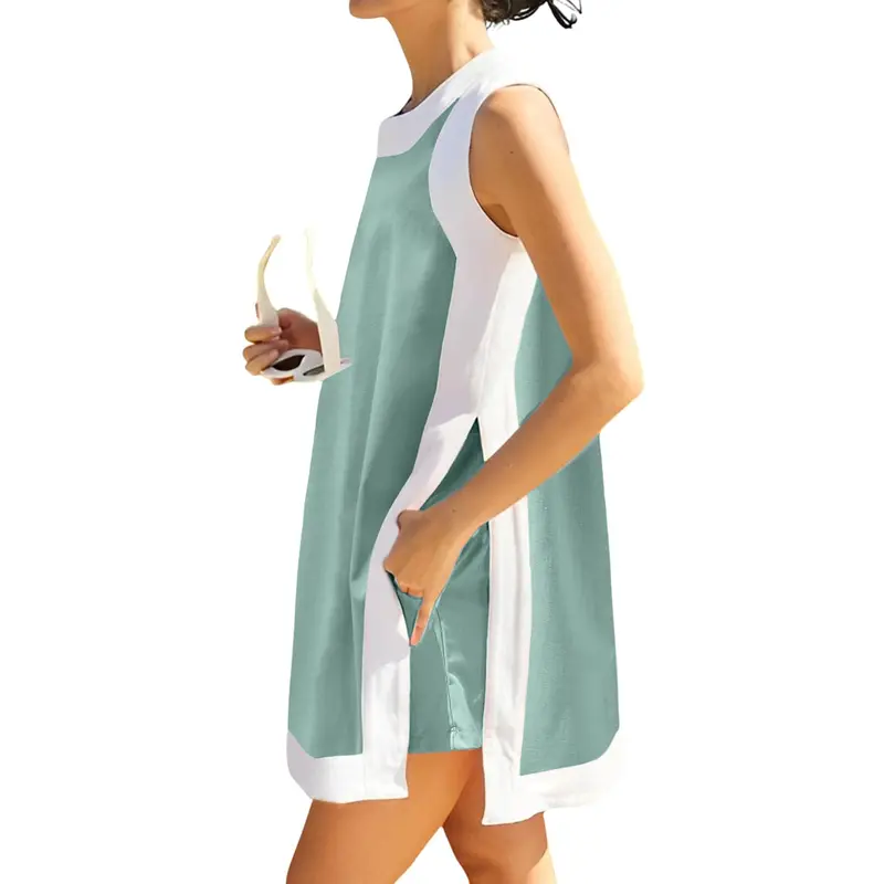 Women's Casual Two Piece Sets Color Block Crewneck Sleeveless Pullover Tops Matching Shorts With Pockets