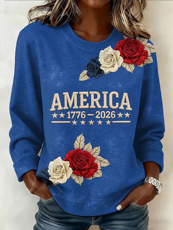 Women'S Retro American Independence Day 250Th Anniversary Printed Round Neck Sweatshirt