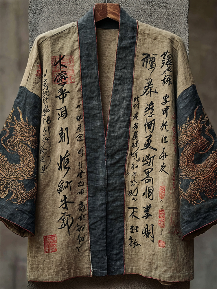 Japanese Golden Dragons Calligraphy Art Contrast Linen Kimono