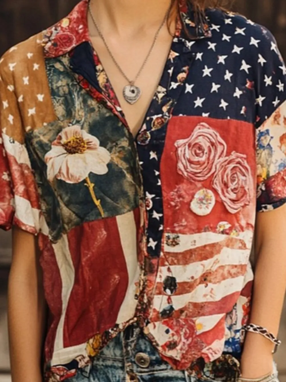 Shawl Collar Short Sleeve Independence Day (Flag) Lightweight Regular Fit Shirt For Women