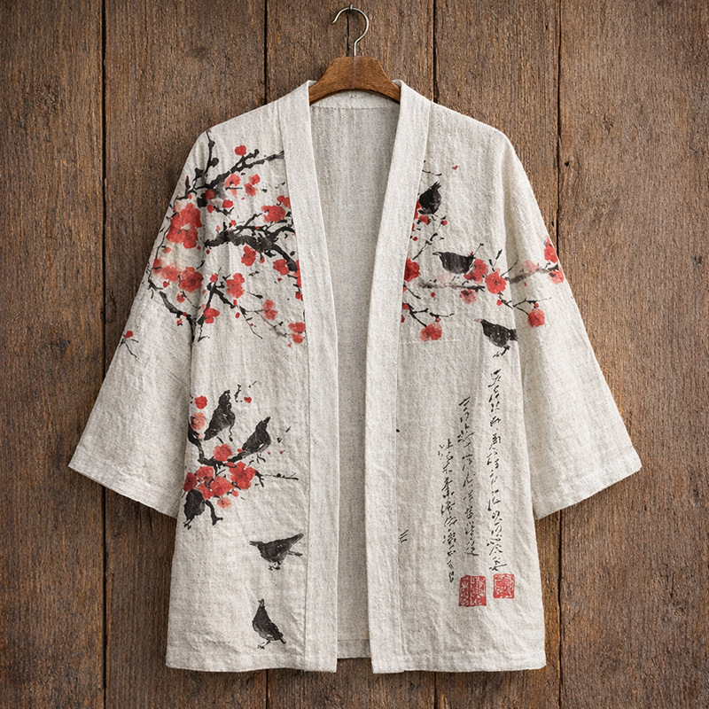 Men's Vintage Plum Blossoms Japanese Art Linen Blend Kimono Cardigan