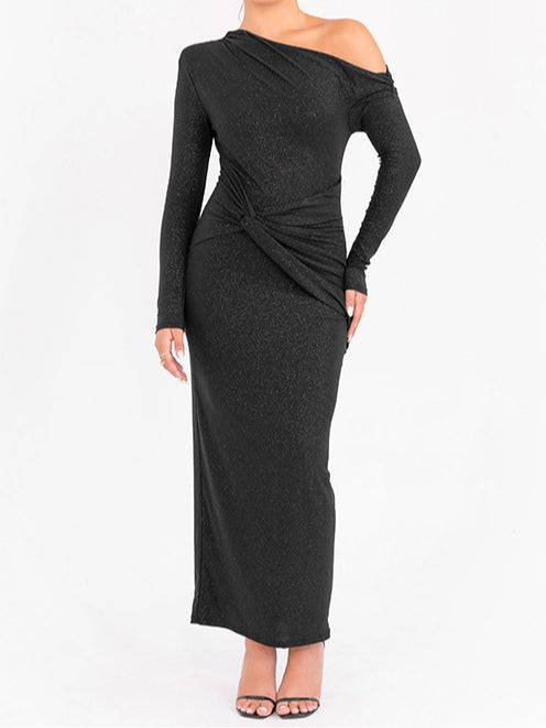 One-shoulder sexy ruched slim-fit long-sleeved bodycon dress