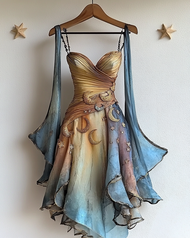 Handmade star and moon embroidery suspender dress 307f