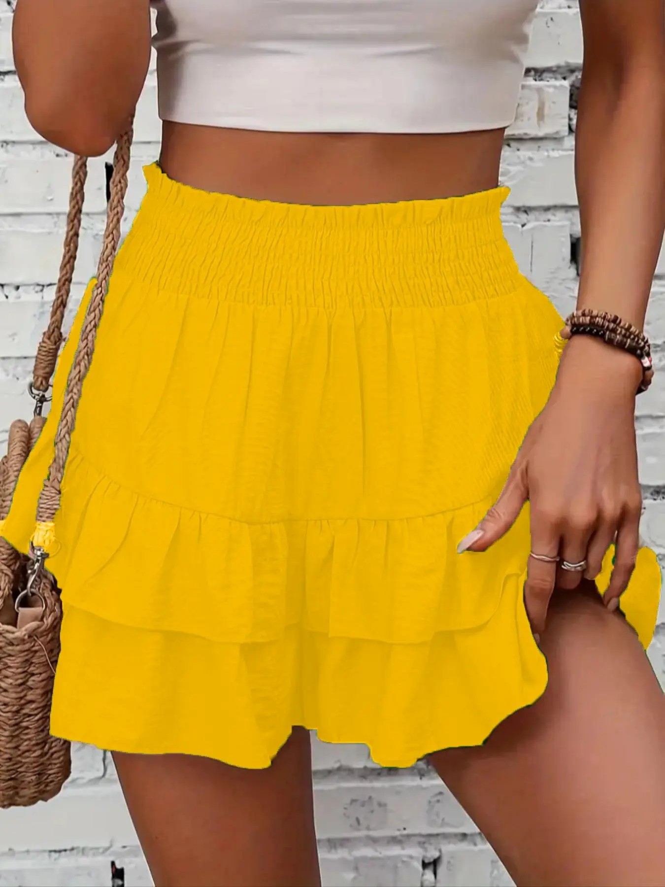 Limited-Time Clearance!🛍️ Women's Frill Trim Ruffle Hem Shirred High Waist Shorts, Boho Casual Tiered Layer Shorts for Spring & Summer